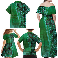 Samoan Pacific Tribal Flower Geometric Art Tattoos Family Matching Off Shoulder Maxi Dress and Hawaiian Shirt Siapo Pattern Emerald Glow LT03 - Polynesian Pride