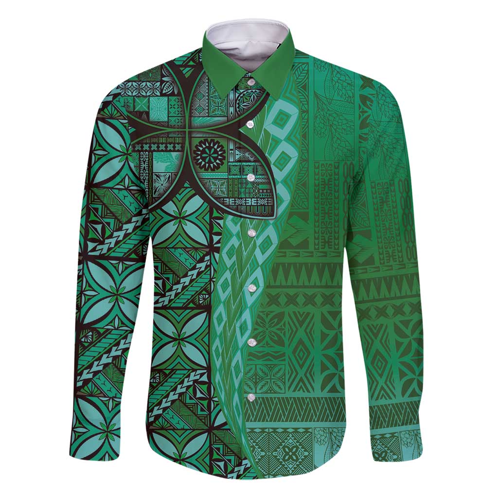Samoan Pacific Tribal Flower Geometric Art Tattoos Family Matching Off Shoulder Maxi Dress and Hawaiian Shirt Siapo Pattern Emerald Glow LT03 Dad's Shirt - Long Sleeve Green - Polynesian Pride