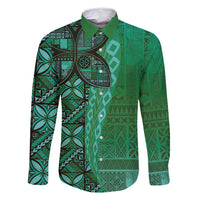 Samoan Pacific Tribal Flower Geometric Art Tattoos Family Matching Off Shoulder Maxi Dress and Hawaiian Shirt Siapo Pattern Emerald Glow LT03 Dad's Shirt - Long Sleeve Green - Polynesian Pride