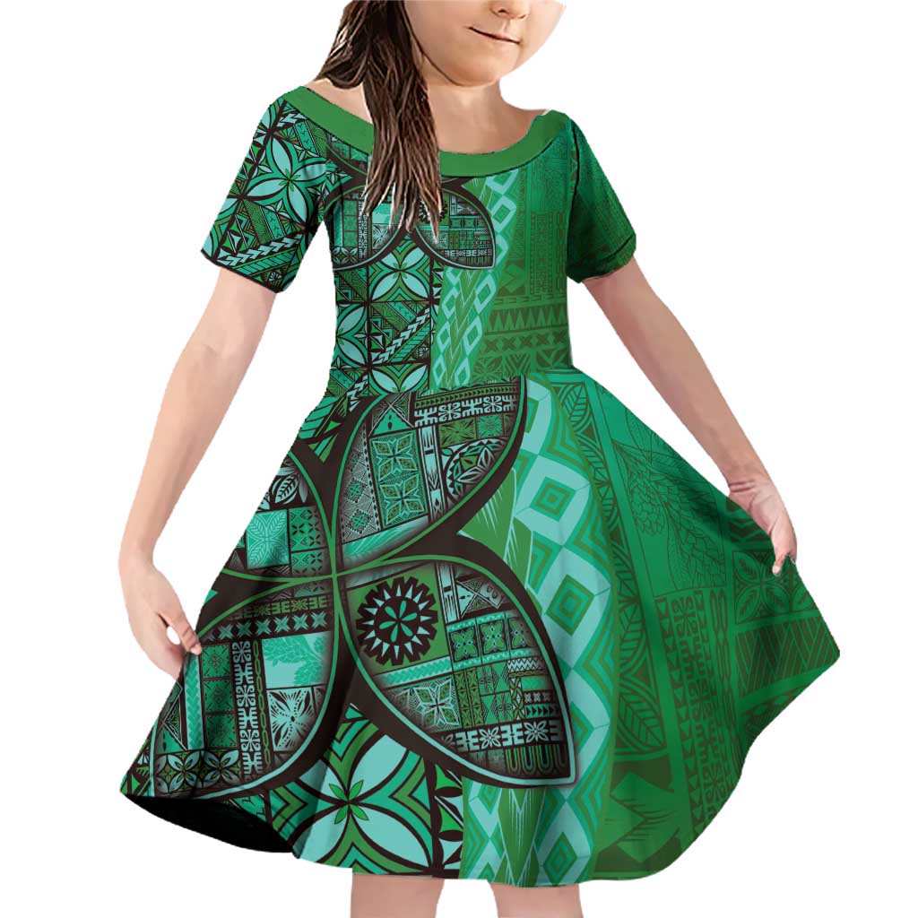Samoan Pacific Tribal Flower Geometric Art Tattoos Family Matching Off Shoulder Short Dress and Hawaiian Shirt Siapo Pattern Emerald Glow LT03 Daughter's Dress Green - Polynesian Pride