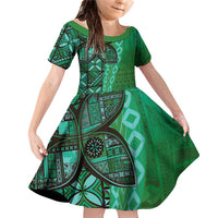 Samoan Pacific Tribal Flower Geometric Art Tattoos Family Matching Off Shoulder Short Dress and Hawaiian Shirt Siapo Pattern Emerald Glow LT03 Daughter's Dress Green - Polynesian Pride