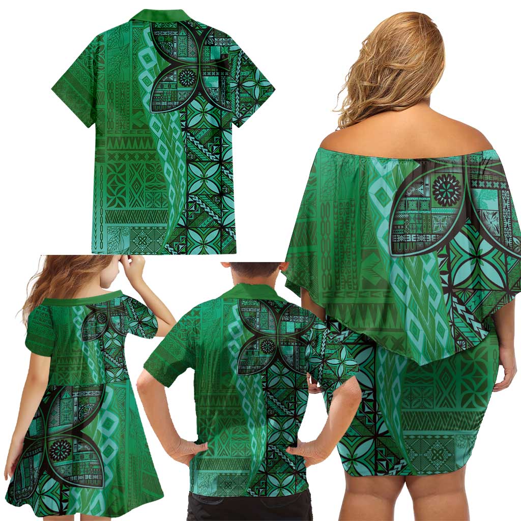 Samoan Pacific Tribal Flower Geometric Art Tattoos Family Matching Off Shoulder Short Dress and Hawaiian Shirt Siapo Pattern Emerald Glow LT03 - Polynesian Pride