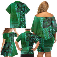 Samoan Pacific Tribal Flower Geometric Art Tattoos Family Matching Off Shoulder Short Dress and Hawaiian Shirt Siapo Pattern Emerald Glow LT03 - Polynesian Pride