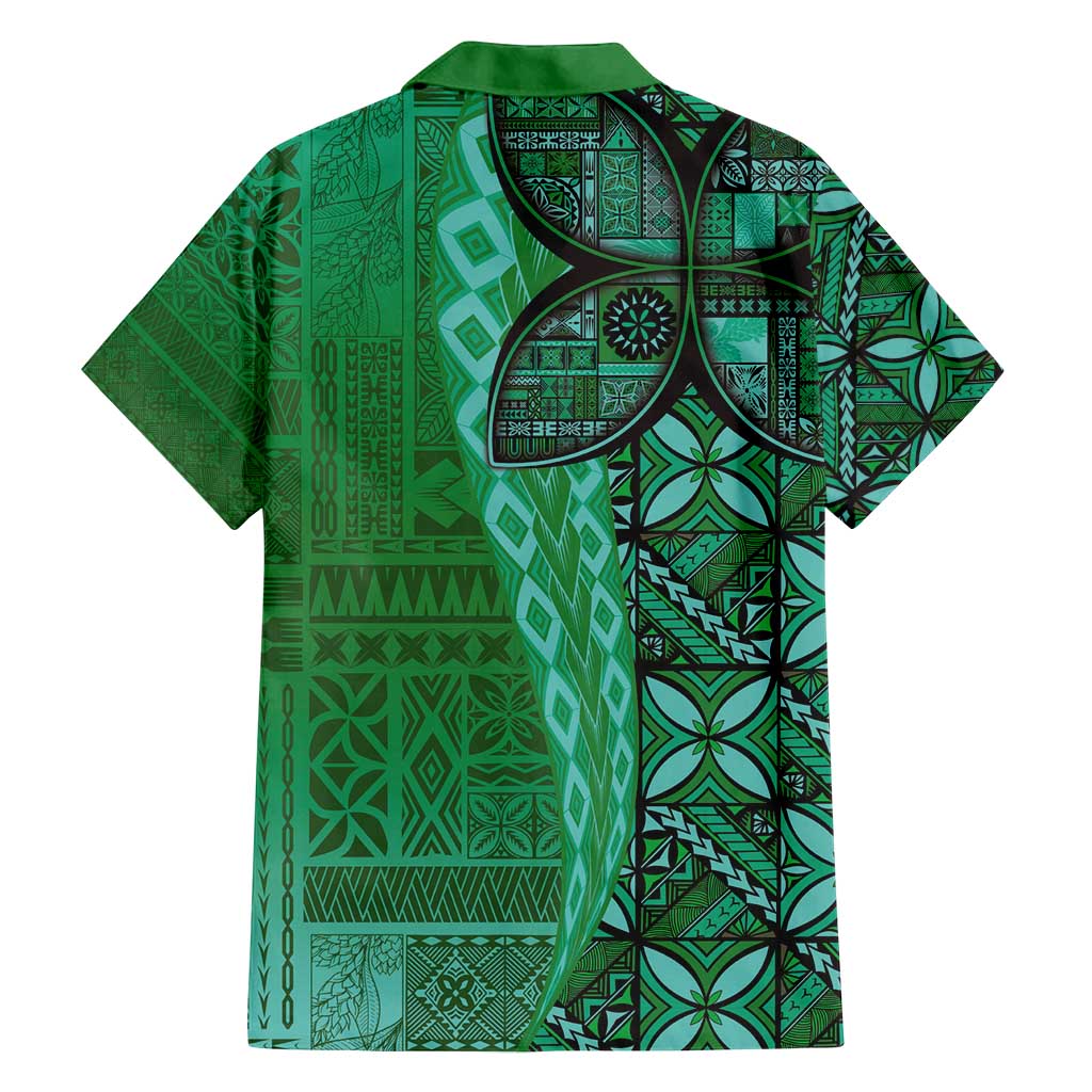 Samoan Pacific Tribal Flower Geometric Art Tattoos Family Matching Off Shoulder Short Dress and Hawaiian Shirt Siapo Pattern Emerald Glow LT03 - Polynesian Pride
