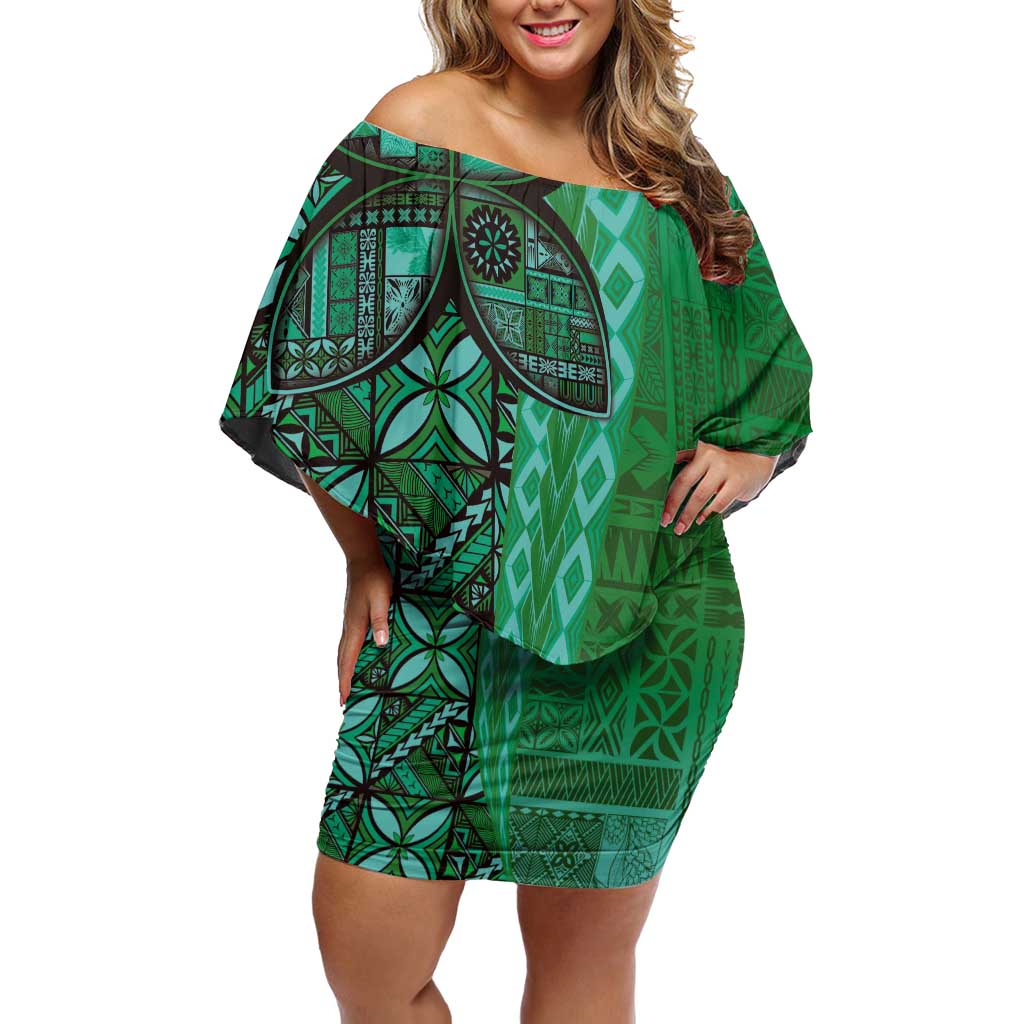 Samoan Pacific Tribal Flower Geometric Art Tattoos Family Matching Off Shoulder Short Dress and Hawaiian Shirt Siapo Pattern Emerald Glow LT03 Mom's Dress Green - Polynesian Pride