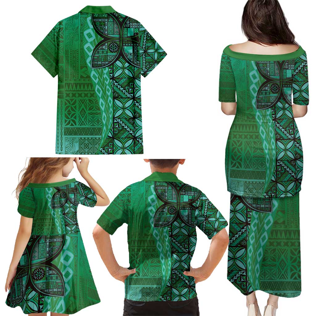 Samoan Pacific Tribal Flower Geometric Art Tattoos Family Matching Puletasi and Hawaiian Shirt Siapo Pattern Emerald Glow - Polynesian Pride