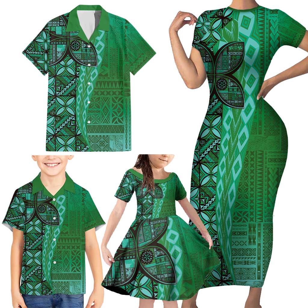 Samoan Pacific Tribal Flower Geometric Art Tattoos Family Matching Short Sleeve Bodycon Dress and Hawaiian Shirt Siapo Pattern Emerald Glow LT03 - Polynesian Pride