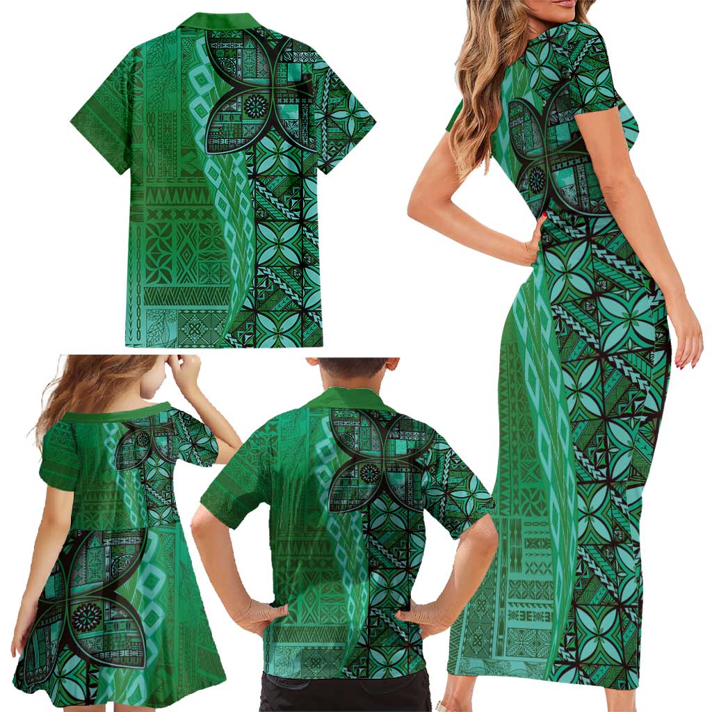 Samoan Pacific Tribal Flower Geometric Art Tattoos Family Matching Short Sleeve Bodycon Dress and Hawaiian Shirt Siapo Pattern Emerald Glow LT03 - Polynesian Pride