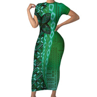Samoan Pacific Tribal Flower Geometric Art Tattoos Family Matching Short Sleeve Bodycon Dress and Hawaiian Shirt Siapo Pattern Emerald Glow LT03 Mom's Dress Green - Polynesian Pride