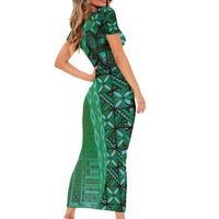 Samoan Pacific Tribal Flower Geometric Art Tattoos Family Matching Short Sleeve Bodycon Dress and Hawaiian Shirt Siapo Pattern Emerald Glow LT03 - Polynesian Pride