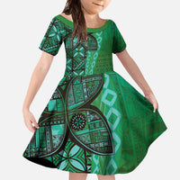 Samoan Pacific Tribal Flower Geometric Art Tattoos Family Matching Summer Maxi Dress and Hawaiian Shirt Siapo Pattern Emerald Glow LT03 Daughter's Dress Green - Polynesian Pride