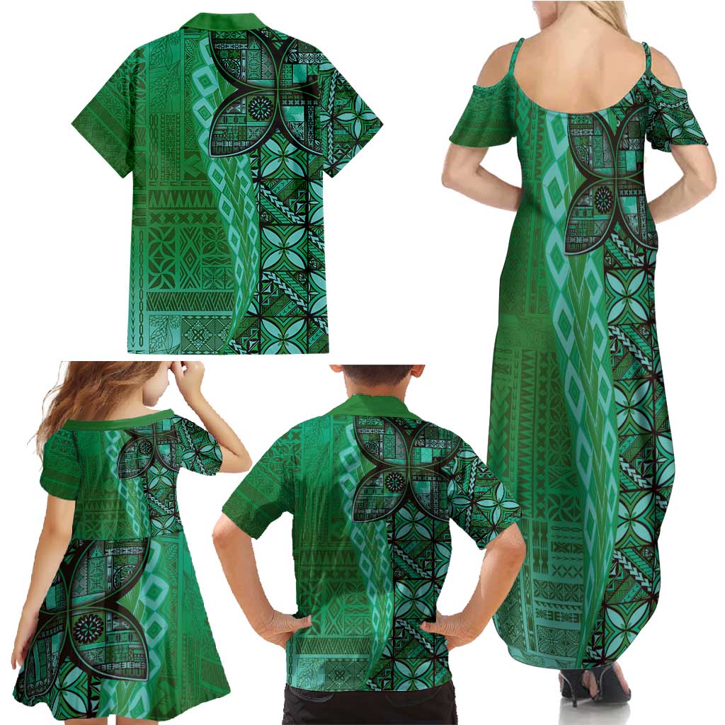 Samoan Pacific Tribal Flower Geometric Art Tattoos Family Matching Summer Maxi Dress and Hawaiian Shirt Siapo Pattern Emerald Glow LT03 - Polynesian Pride