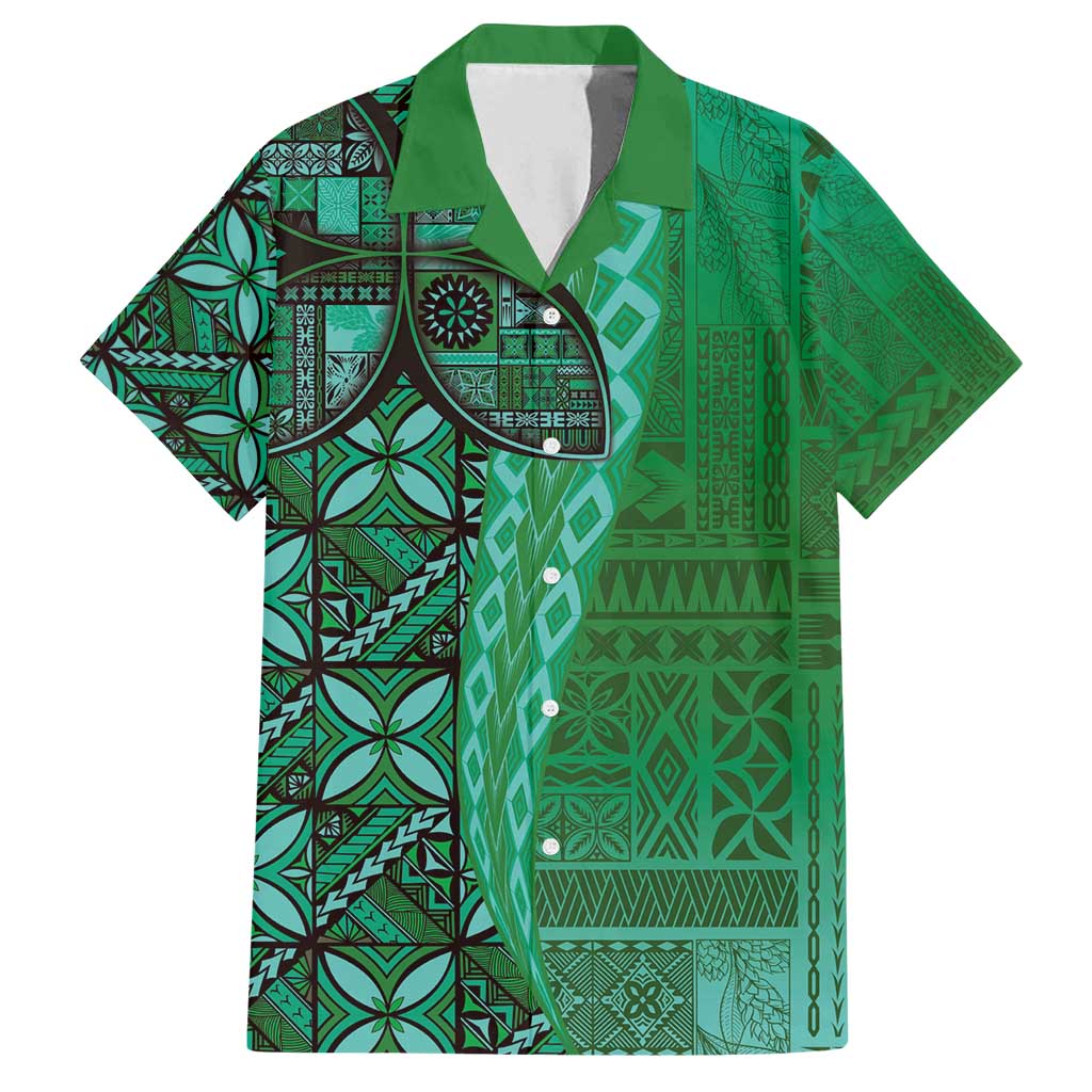 Samoan Pacific Tribal Flower Geometric Art Tattoos Family Matching Summer Maxi Dress and Hawaiian Shirt Siapo Pattern Emerald Glow LT03 Dad's Shirt - Short Sleeve Green - Polynesian Pride