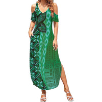 Samoan Pacific Tribal Flower Geometric Art Tattoos Family Matching Summer Maxi Dress and Hawaiian Shirt Siapo Pattern Emerald Glow LT03 Mom's Dress Green - Polynesian Pride