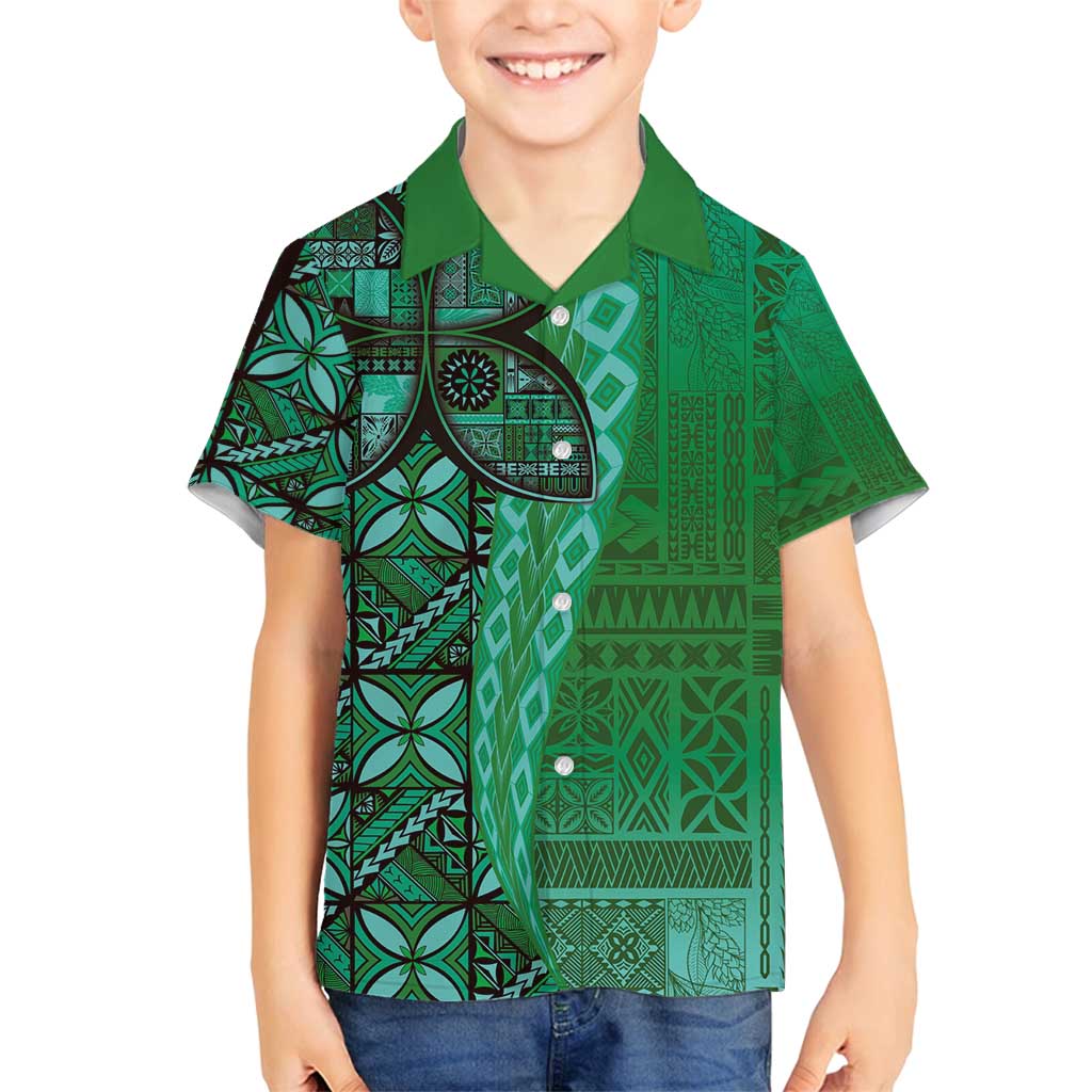 Samoan Pacific Tribal Flower Geometric Art Tattoos Family Matching Summer Maxi Dress and Hawaiian Shirt Siapo Pattern Emerald Glow LT03 Son's Shirt Green - Polynesian Pride
