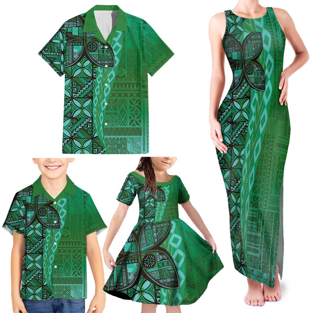 Samoan Pacific Tribal Flower Geometric Art Tattoos Family Matching Tank Maxi Dress and Hawaiian Shirt Siapo Pattern Emerald Glow LT03 - Polynesian Pride