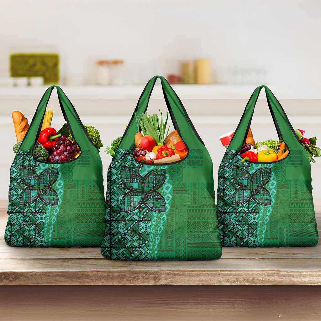 Samoan Pacific Tribal Flower Geometric Art Tattoos Grocery Bag Siapo Pattern Emerald Glow - Polynesian Pride