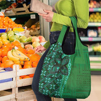 Samoan Pacific Tribal Flower Geometric Art Tattoos Grocery Bag Siapo Pattern Emerald Glow - Polynesian Pride