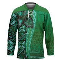 Samoan Pacific Tribal Flower Geometric Art Tattoos Hockey Jersey Siapo Pattern Emerald Glow - Polynesian Pride