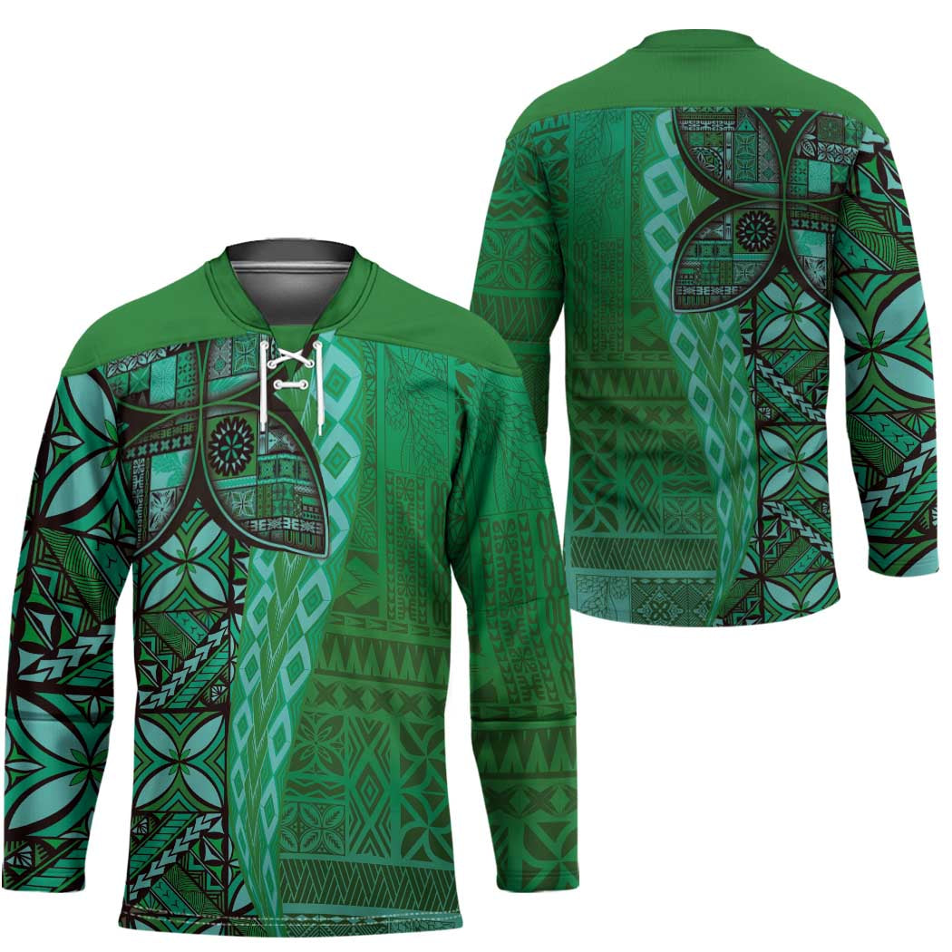 Samoan Pacific Tribal Flower Geometric Art Tattoos Hockey Jersey Siapo Pattern Emerald Glow - Polynesian Pride