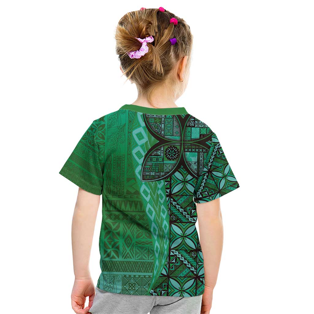 Samoan Pacific Tribal Flower Geometric Art Tattoos Kid T Shirt Siapo Pattern Emerald Glow LT03 - Polynesian Pride