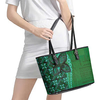 Samoan Pacific Tribal Flower Geometric Art Tattoos Leather Tote Bag Siapo Pattern Emerald Glow - Polynesian Pride