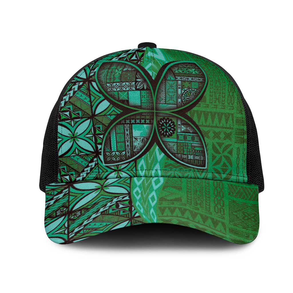 Samoan Pacific Tribal Flower Geometric Art Tattoos Mesh Trucker Cap Siapo Pattern Emerald Glow - Polynesian Pride