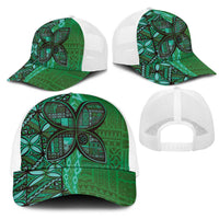 Samoan Pacific Tribal Flower Geometric Art Tattoos Mesh Trucker Cap Siapo Pattern Emerald Glow - Polynesian Pride