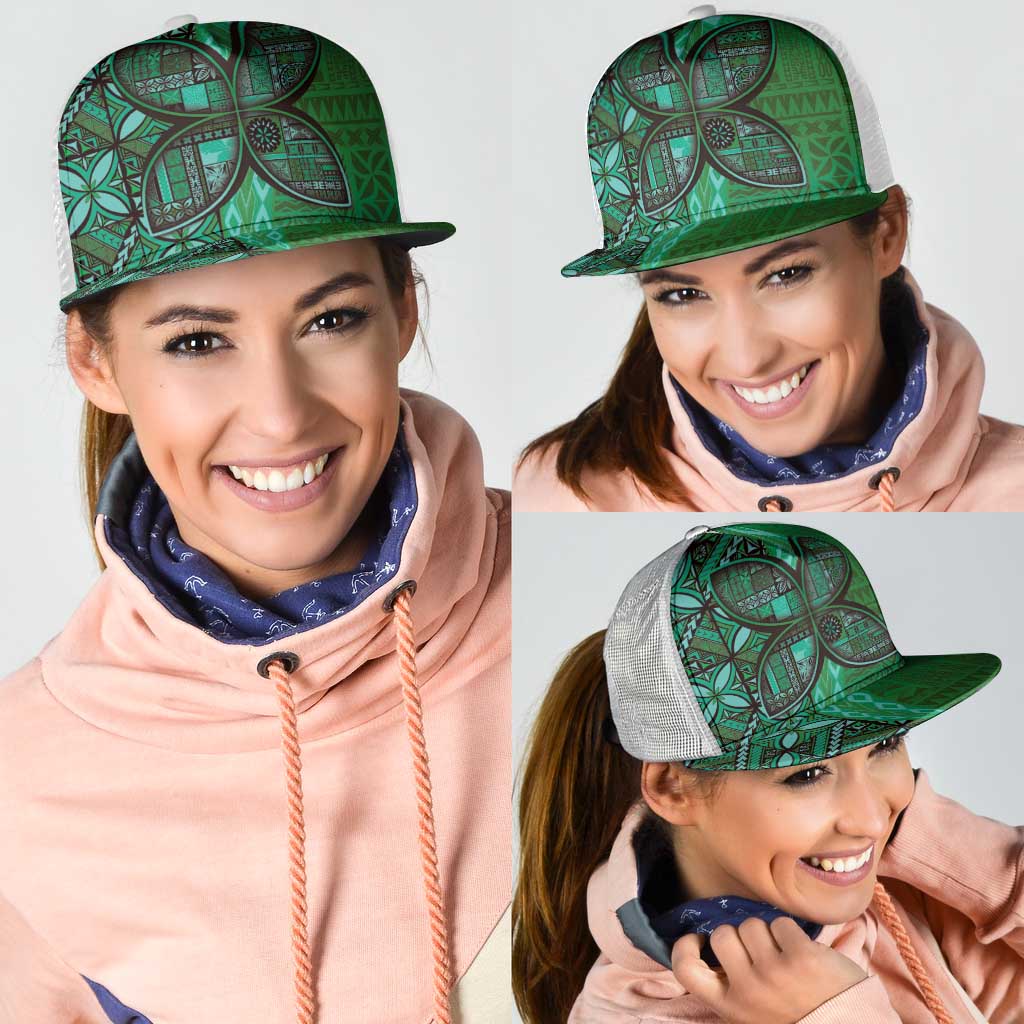 Samoan Pacific Tribal Flower Geometric Art Tattoos Mesh Trucker Cap Siapo Pattern Emerald Glow - Polynesian Pride