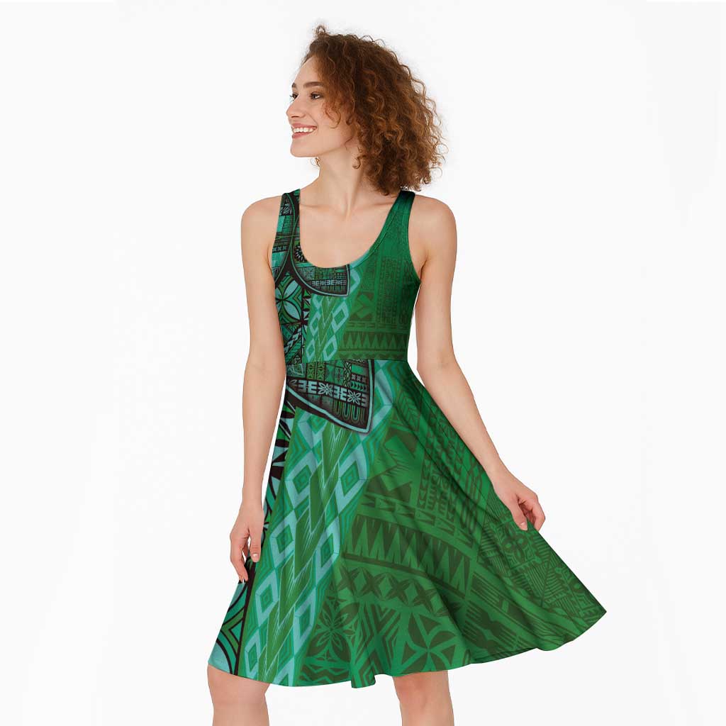 Samoan Pacific Tribal Flower Geometric Art Tattoos Midi Dress Siapo Pattern Emerald Glow - Polynesian Pride