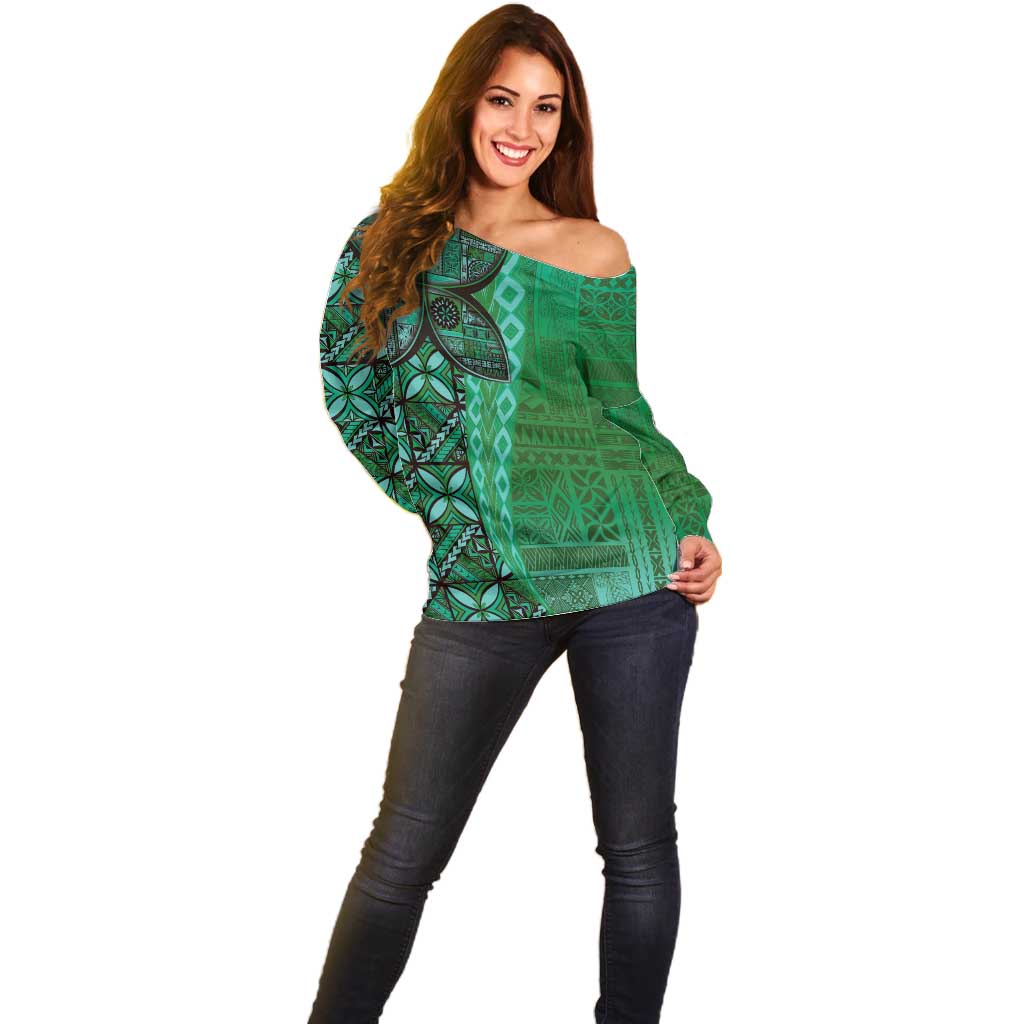 Samoan Pacific Tribal Flower Geometric Art Tattoos Off Shoulder Sweater Siapo Pattern Emerald Glow - Polynesian Pride