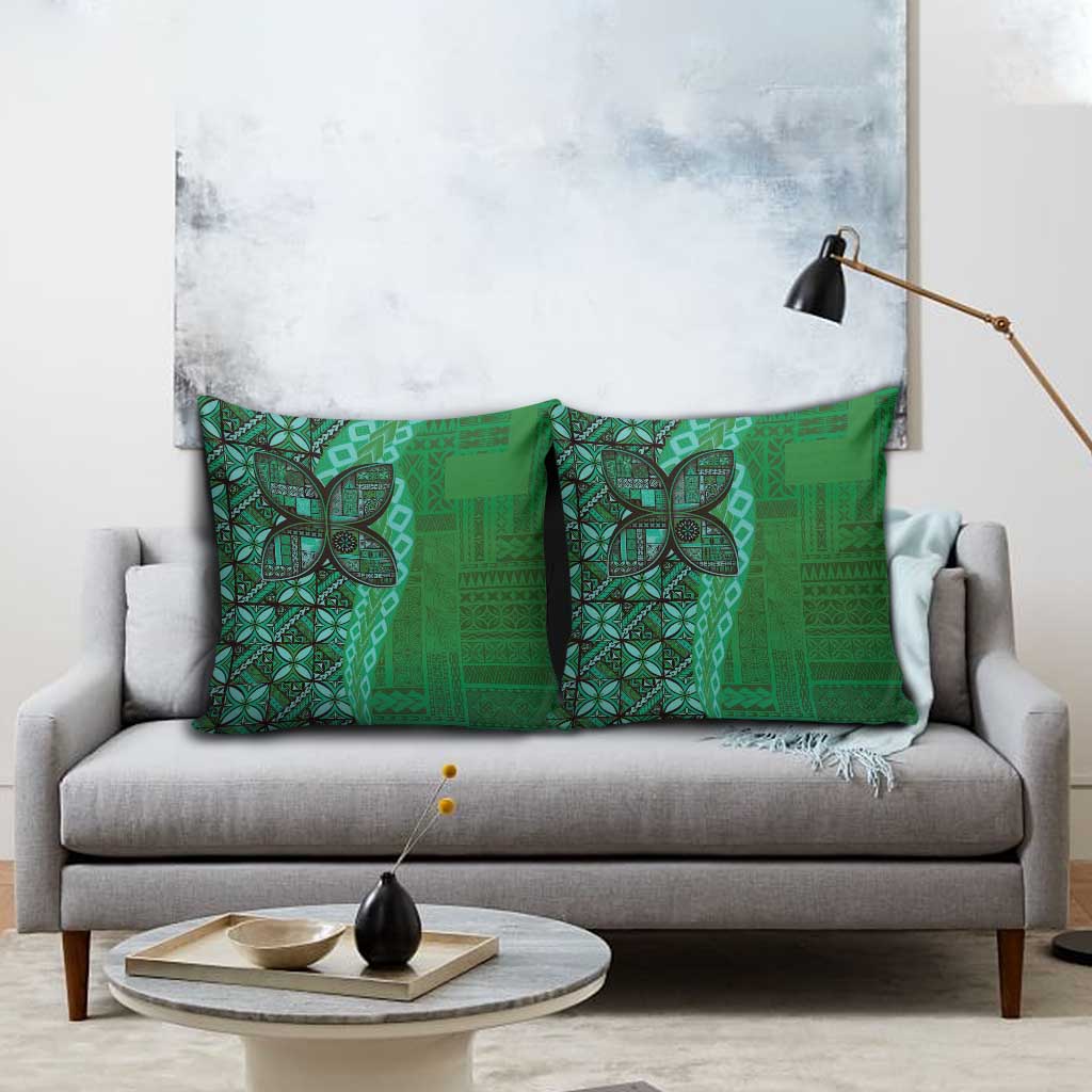 Samoan Pacific Tribal Flower Geometric Art Tattoos Pillow Cover Siapo Pattern Emerald Glow - Polynesian Pride
