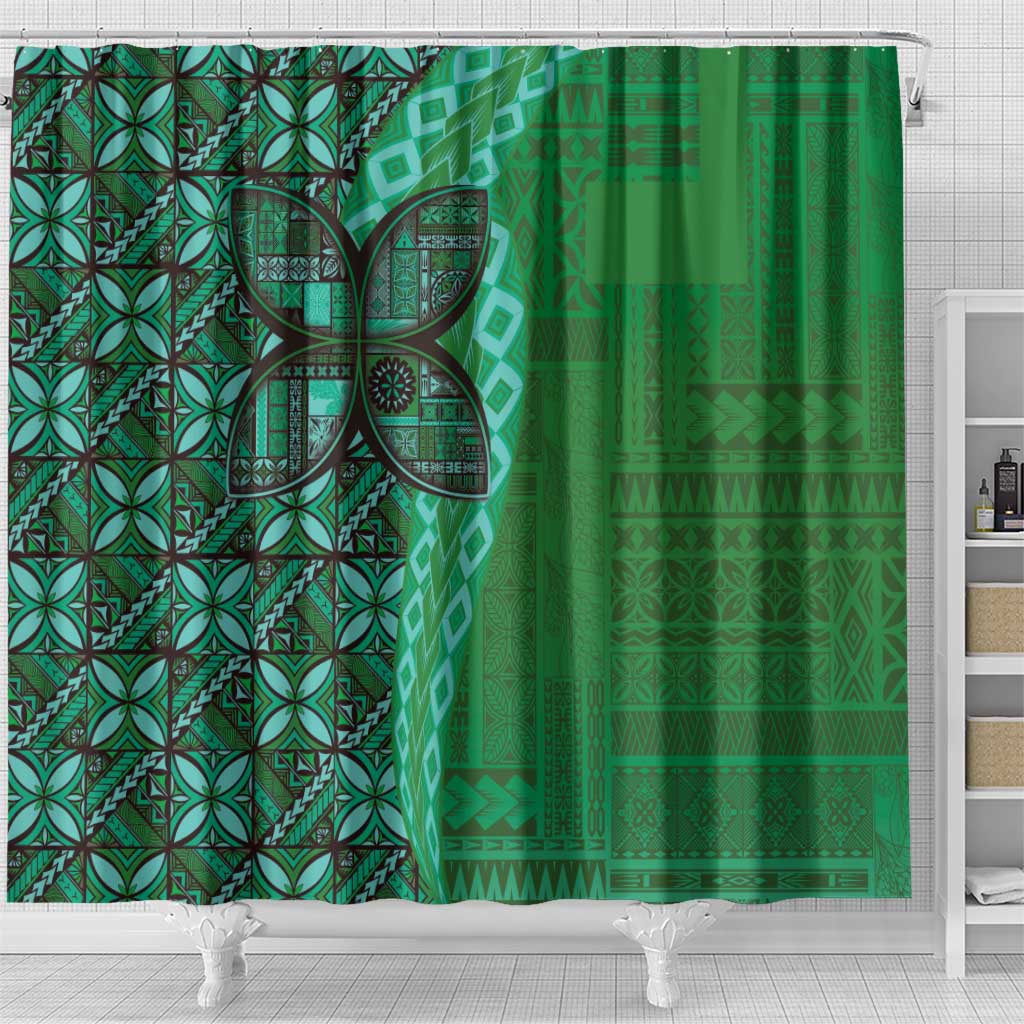 Samoan Pacific Tribal Flower Geometric Art Tattoos Shower Curtain Siapo Pattern Emerald Glow - Polynesian Pride