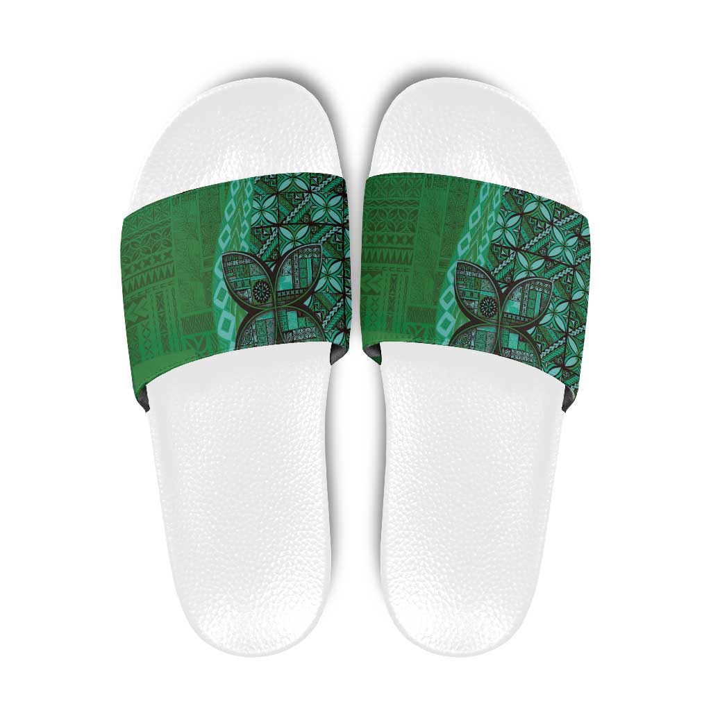 Samoan Pacific Tribal Flower Geometric Art Tattoos Slide Sandals Siapo Pattern Emerald Glow - Polynesian Pride