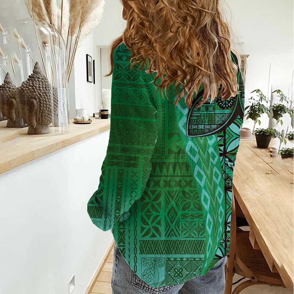 Samoan Pacific Tribal Flower Geometric Art Tattoos Women Casual Shirt Siapo Pattern Emerald Glow - Polynesian Pride