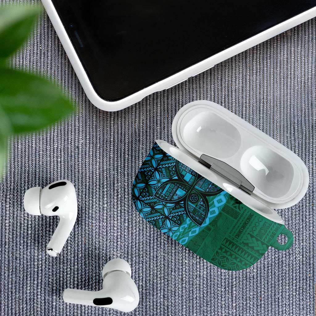 Samoan Pacific Tribal Flower Geometric Art Tattoos AirPods Case Siapo Pattern Turquoise Tide - Polynesian Pride