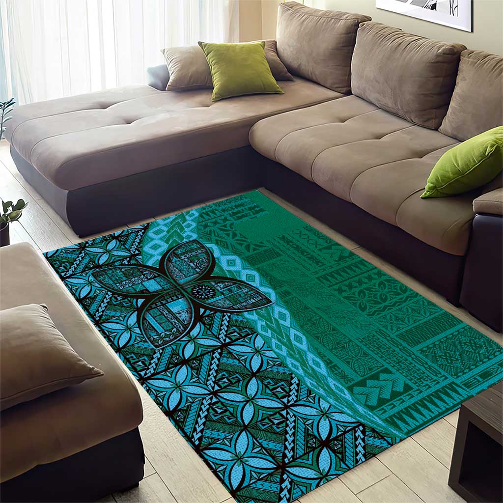 Samoan Pacific Tribal Flower Geometric Art Tattoos Area Rug Siapo Pattern Turquoise Tide - Polynesian Pride