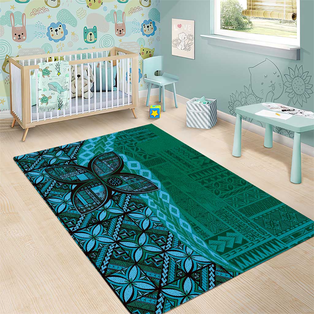 Samoan Pacific Tribal Flower Geometric Art Tattoos Area Rug Siapo Pattern Turquoise Tide - Polynesian Pride