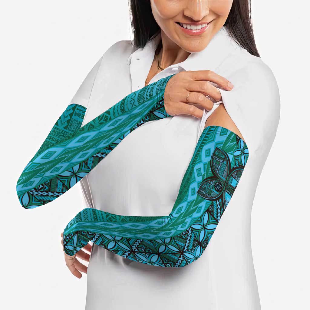 Samoan Pacific Tribal Flower Geometric Art Tattoos Arm Sleeves Siapo Pattern Turquoise Tide - Polynesian Pride