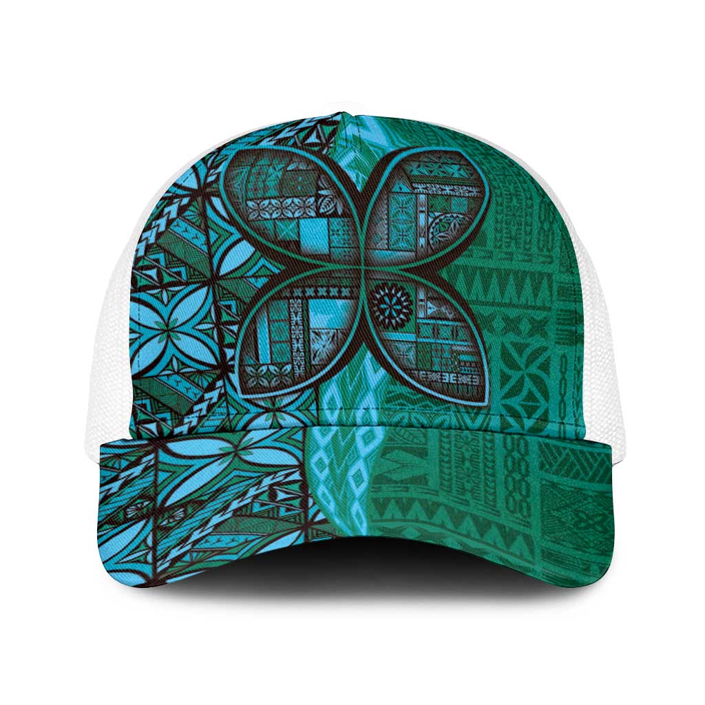 Samoan Pacific Tribal Flower Geometric Art Tattoos Baseball Net Cap Siapo Pattern Turquoise Tide - Polynesian Pride