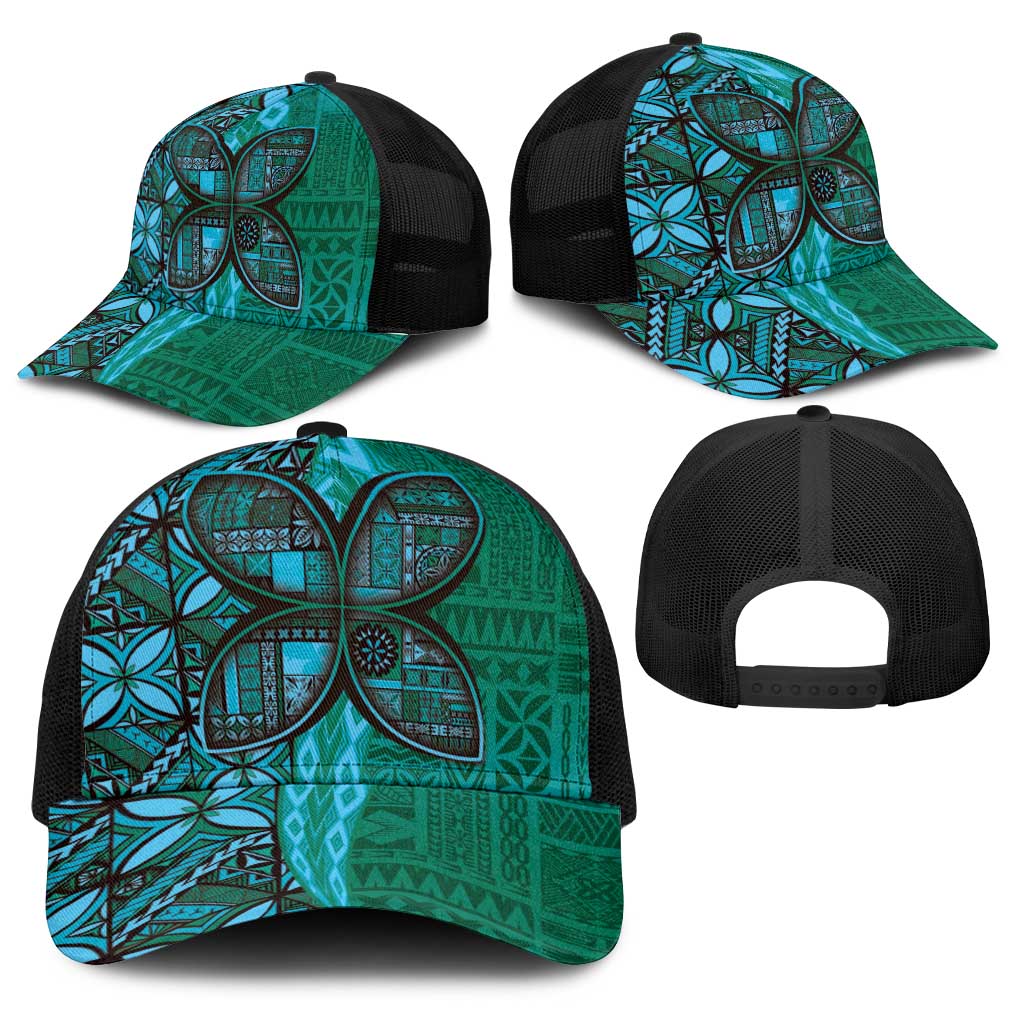 Samoan Pacific Tribal Flower Geometric Art Tattoos Baseball Net Cap Siapo Pattern Turquoise Tide - Polynesian Pride