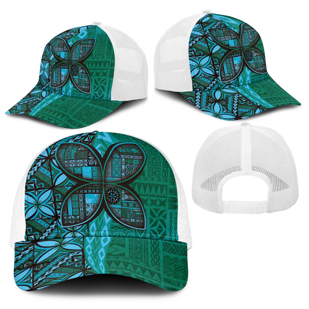 Samoan Pacific Tribal Flower Geometric Art Tattoos Baseball Net Cap Siapo Pattern Turquoise Tide - Polynesian Pride