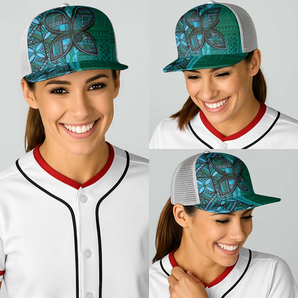 Samoan Pacific Tribal Flower Geometric Art Tattoos Baseball Net Cap Siapo Pattern Turquoise Tide - Polynesian Pride