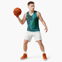 Samoan Pacific Tribal Flower Geometric Art Tattoos Basketball Jersey Siapo Pattern Turquoise Tide - Polynesian Pride