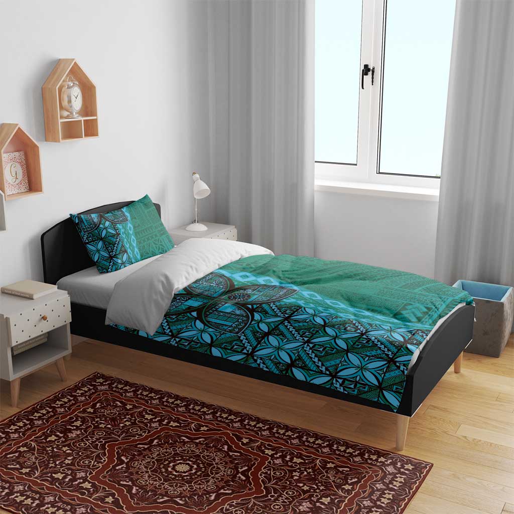 Samoan Pacific Tribal Flower Geometric Art Tattoos Bedding Set Siapo Pattern Turquoise Tide - Polynesian Pride
