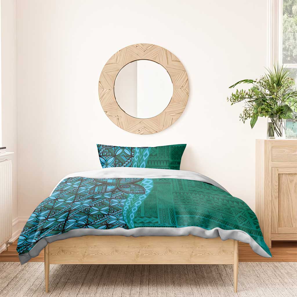 Samoan Pacific Tribal Flower Geometric Art Tattoos Bedding Set Siapo Pattern Turquoise Tide - Polynesian Pride