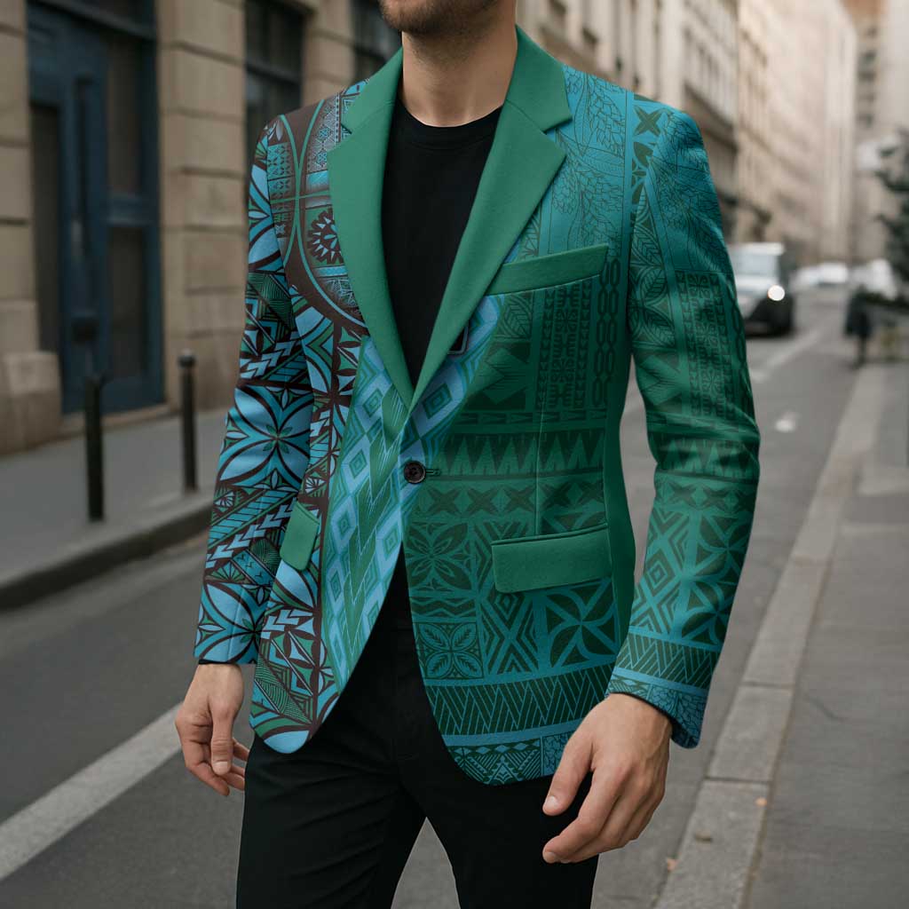 Samoan Pacific Tribal Flower Geometric Art Tattoos Blazer Siapo Pattern Turquoise Tide - Polynesian Pride