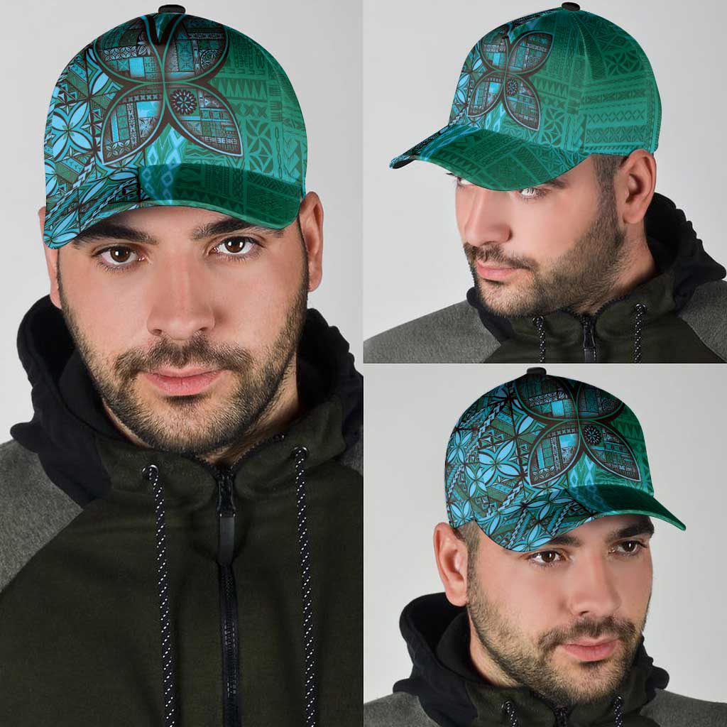 Samoan Pacific Tribal Flower Geometric Art Tattoos Classic Cap Siapo Pattern Turquoise Tide - Polynesian Pride