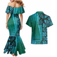 Samoan Pacific Tribal Flower Geometric Art Tattoos Couples Matching Mermaid Dress and Hawaiian Shirt Siapo Pattern Turquoise Tide LT03 - Polynesian Pride