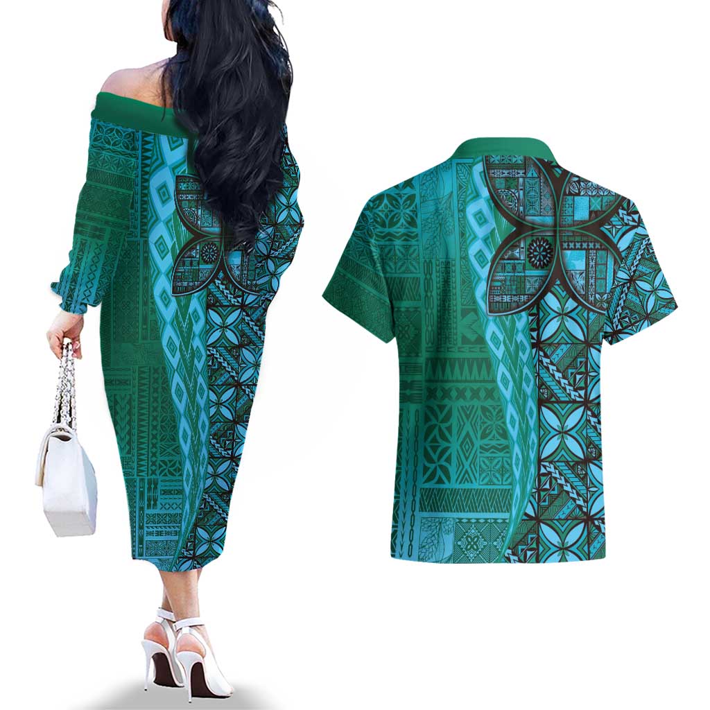 Samoan Pacific Tribal Flower Geometric Art Tattoos Couples Matching Off The Shoulder Long Sleeve Dress and Hawaiian Shirt Siapo Pattern Turquoise Tide LT03 - Polynesian Pride